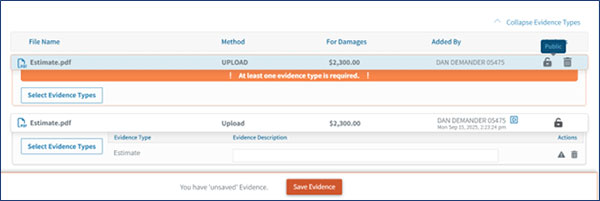 Screenshot of evidence types showing the alert that at least one evidence type is required